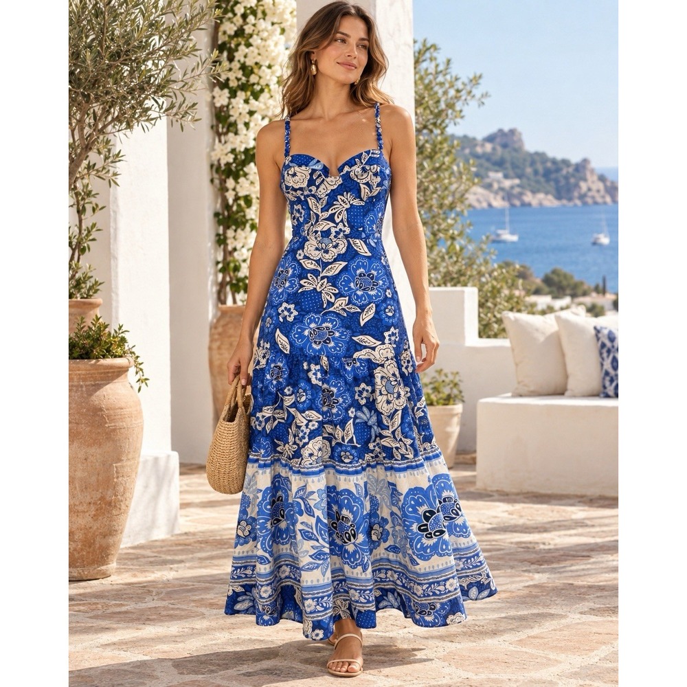 FARM Rio Dress S Blue White Floral Cotton Maxi Bustier Beaded Strap Resort